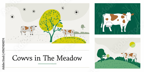 Cows grazing serenely in a stylized colorful meadow landscape