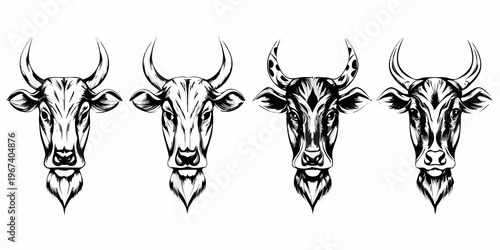 Four stylized bull heads depicted in a monochrome sketch arrangement