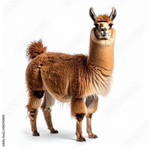 Full body studio portrait of a fluffy brown llama standing centered and facing forward on a white background, featuring detailed wool texture, long neck, and alert pointed ears.