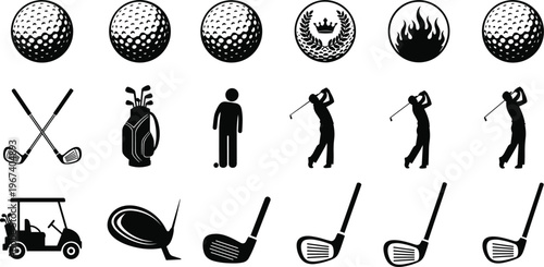 Golf Sports Icons Set Featuring Golf Balls, Clubs, Bag, Player, Cart, Trophy, and Golfing Equipment for Golf and Competition Designs
