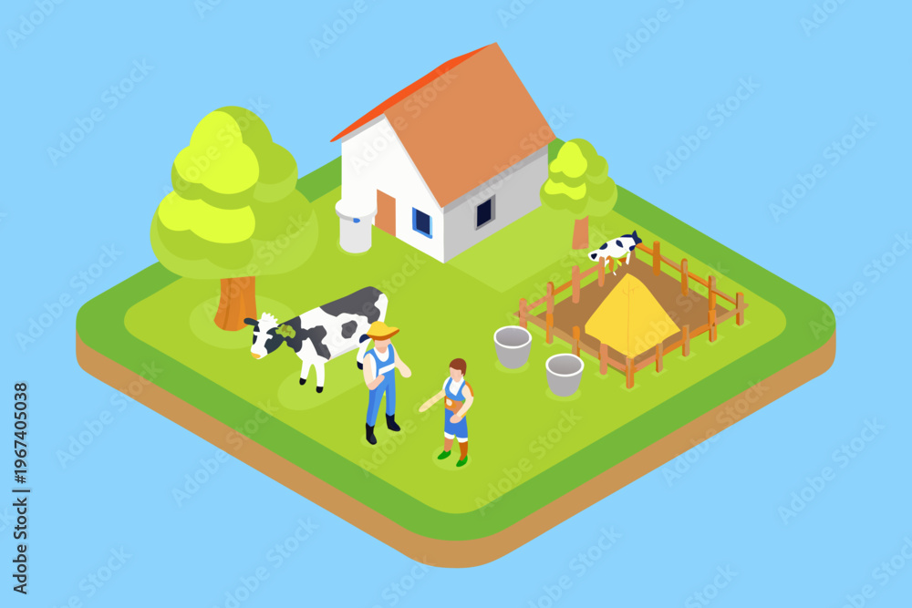 Fototapeta premium Isometric farm scene with a house cow farmer and hay bales