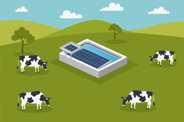 Fototapete Bauernhof Solarbetriebener Pool mit Kühen  © MSTShikha