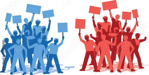 Protest crowd illustration, people holding banners, demonstration groups, political rally concept, activism silhouettes, blue and red teams, social movement vector design