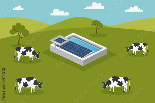 A rural scene depicting a swimming pool powered by solar panels with cows