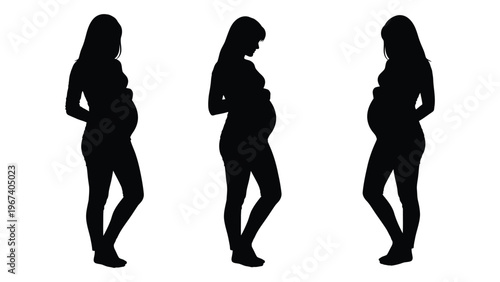 Silhouettes of three pregnant women in varying stages of gestation against a white background