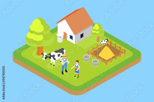 Isometric farm scene with a house cow farmer and hay bales