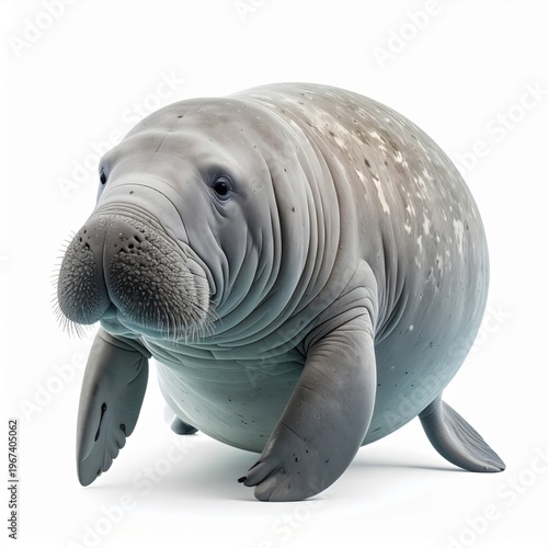 Ultra-detailed studio photograph of a grey manatee isolated on a plain white background, showing skin texture, facial features, whiskers, and flippers in sharp focus.