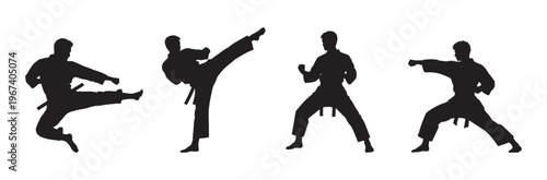 Karate Martial Arts Silhouettes Set. Man Karate Fighter Poses, Kicking and Punching Actions collection