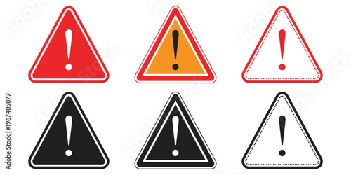 Warning sign variations a set of triangular alert symbols in color and monochrome