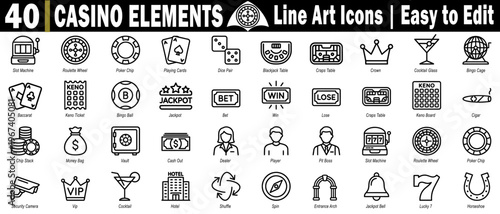 Casino elements line art icons set. Easy to edit for the user interface, website, and mobile application universal pictogram. vector illustration.