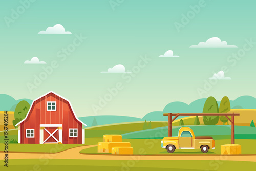 A colorful cartoon illustration of a farm with a red barn and truck