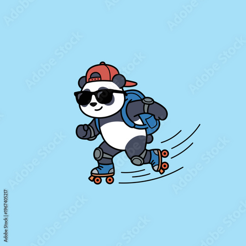 A fun and playful illustration of a panda rollerblading with a cap and sunglasses, representing a blend of cuteness and coolness in a modern artistic style.