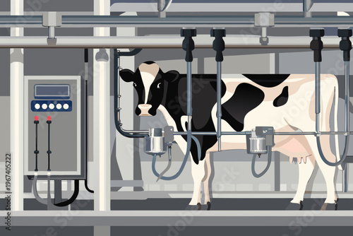 Foto Holstein cow connected to automated milking machine in a modern barn