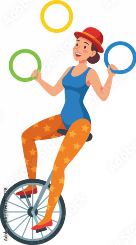 An eye-catching illustration of a smiling woman riding a unicycle while juggling rings, perfectly blending agility and skill with artistic flair, embodying circus vibrancy.