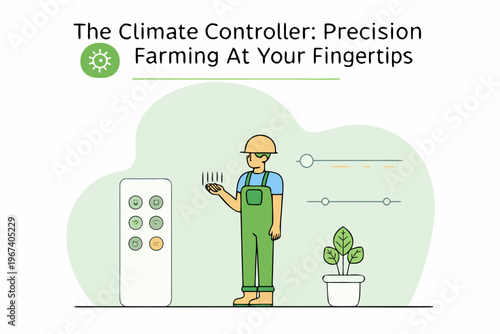 Precision farming technology illustration with farmer and climate control device