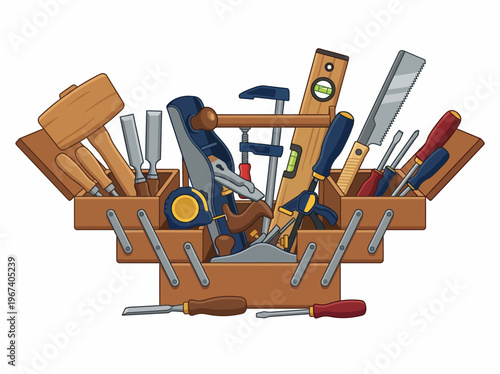 This image showcases a diverse set of woodworking tools arranged in a wooden toolbox, representing craftsmanship and the joy of creating tangible objects with precision.