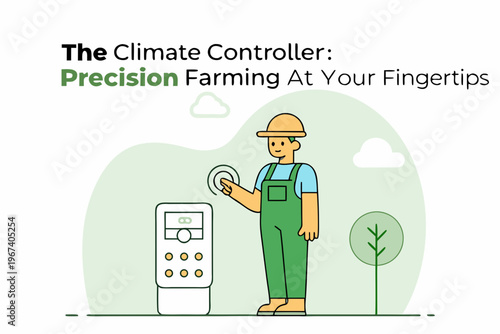 Precision farming technology illustrated with a farmer and climate control device
