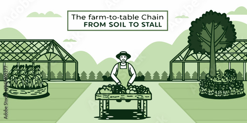 Farm to table illustration depicting produce greenhouse and a farmer s market