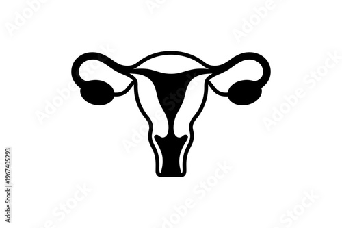 Uterus icon with ovaries and fallopian tubes, representing female reproductive system anatomy in a simple black outline graphic.