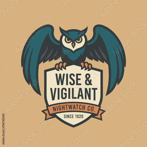A dynamic logo design showcasing an owl with outstretched wings, symbolizing protection and vigilance for Wise & Vigilant Nightwatch Company since 1920.
