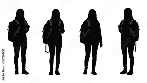 Four silhouetted figures of young women walking with backpacks facing forward