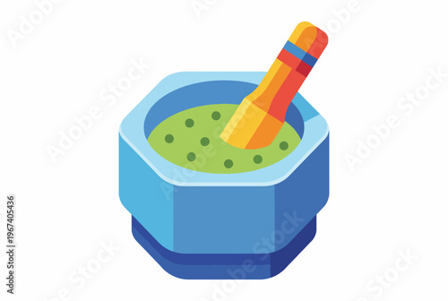 A colorful illustration of a mortar and pestle set, ideal for grinding herbs and spices, emphasizing culinary tradition and preparation while inspiring creativity in the kitchen.
