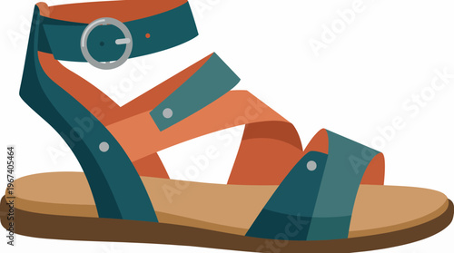 An elegantly designed teal sandal with stylish straps rests on a clean background, showcasing contemporary fashion aesthetics and the essence of modern footwear.