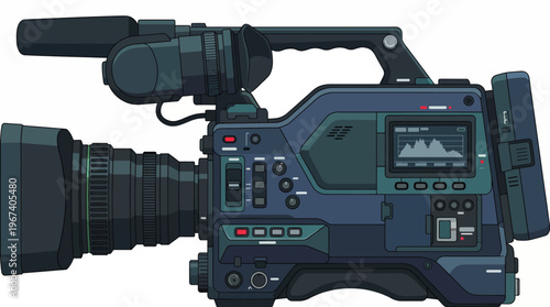 This detailed illustration of a modern video camera represents digital media creation, showcasing advanced technology, professionalism, and the art of videography in a visually appealing way.