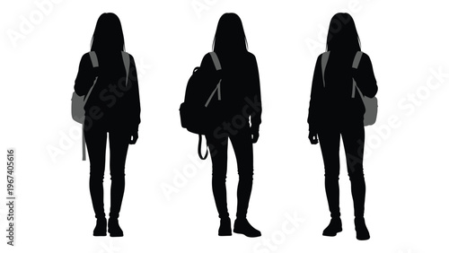 Three silhouettes of young women with backpacks facing forward against a white background