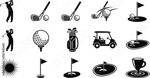 Golf Sports Icons Set Featuring Golf Clubs, Balls, Tee, Cart, Flags, Cup, and Player for Golfing, Competitions, and Outdoor Sports