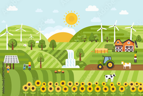 A vibrant stylized landscape featuring farmland sunflowers and renewable energy