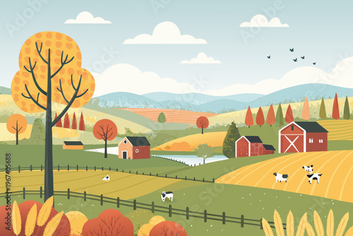 Scenic autumn farmland with red barns rolling hills and grazing sheep
