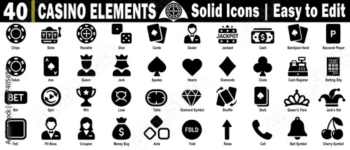 Casino element solid icons. Featuring card games, chips, roulette, and betting symbols for interface design, website development, and mobile platforms, vector illustration.