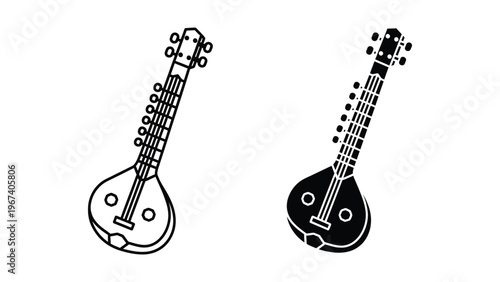 Two traditional string instruments, likely a tanpura and a sitar variant, depicted in black and white