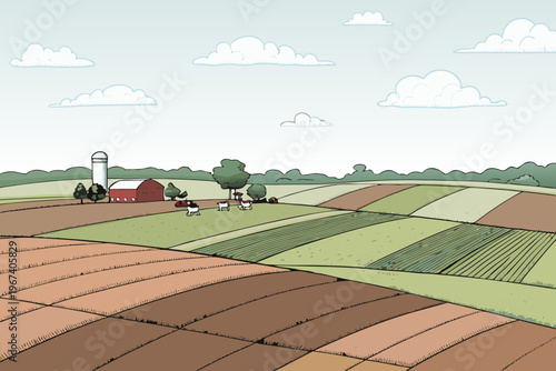 Peaceful farmland scene with cows grazing under a cloudy sky