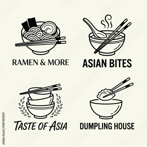 A collection of logos highlights various Asian cuisine dishes such as ramen and dumplings, representing the rich culinary diversity and flavors of Asian culture.