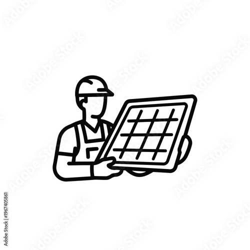 A line drawing of a worker in a hard hat holding a grid pane