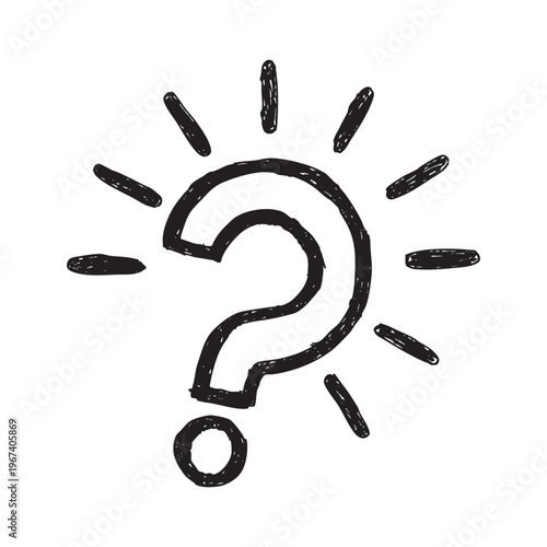 Hand-Drawn Black Question Mark Doodle with Radiating Emphasis Lines Isolated on White

