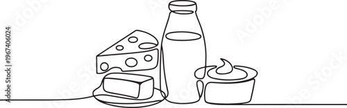 Dairy products in continuous line art drawing style. Cheese, milk, butter and sour cream black linear. one line Icon drawing