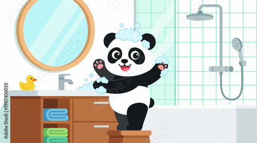 A charming illustration of a playful panda covered in bubbles, enjoying bath time in a modern bathroom with a rubber duck and neatly stacked towels in the background.
