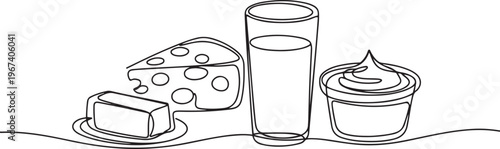 Dairy products in continuous line art drawing style. Cheese, milk, butter and sour cream black linear. one line Icon drawing