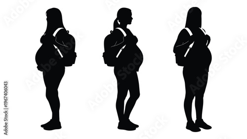 Silhouette of three pregnant women walking with backpacks against a white background