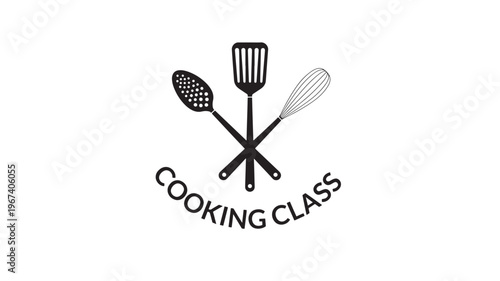 Kitchen utensils set including a slotted spoon, spatula, and whisk arranged in a circular pattern with text "COOKING CLASS" below in black.
