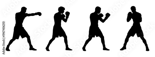 Male boxer silhouettes set. Man fighter punching and guard poses collection