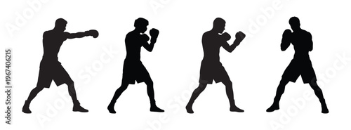 Male boxer silhouettes set. Man fighter punching and guard poses collection