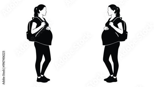 Black and white silhouette of a pregnant woman carrying a backpack mirrored on either side