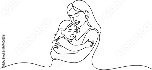 Happy mom with her female child in continuous line art drawing style. Mother and daughter hugging. Minimalist black linear. one line Icon drawing