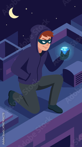 The image captures a stealthy thief crouching on a rooftop, holding a glowing diamond, perfectly illustrating tension, crime, and the thrill of heist in a nighttime setting.