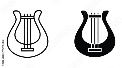 Contrasting visual styles of a musical lyre instrument depicted in black and white
