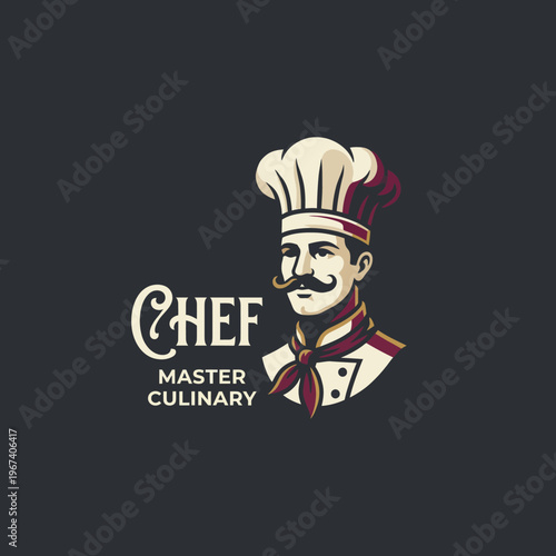 A classic chef logo featuring a mustachioed figure in a white uniform, representing culinary expertise, tradition, and the art of cooking for gourmet enthusiasts and brands.